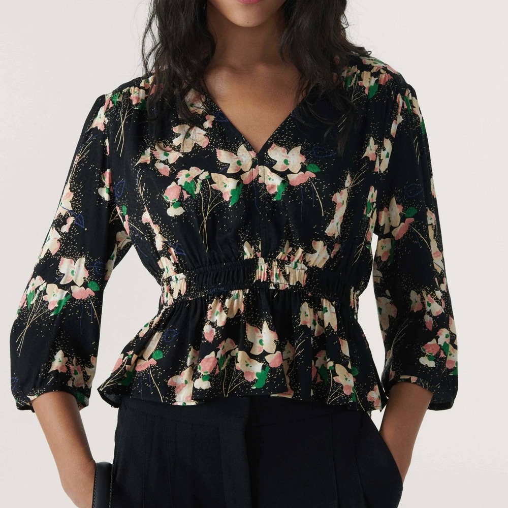 ba&sh Edon Peplum Top Black Pink Floral Blouse V-Neck size XS